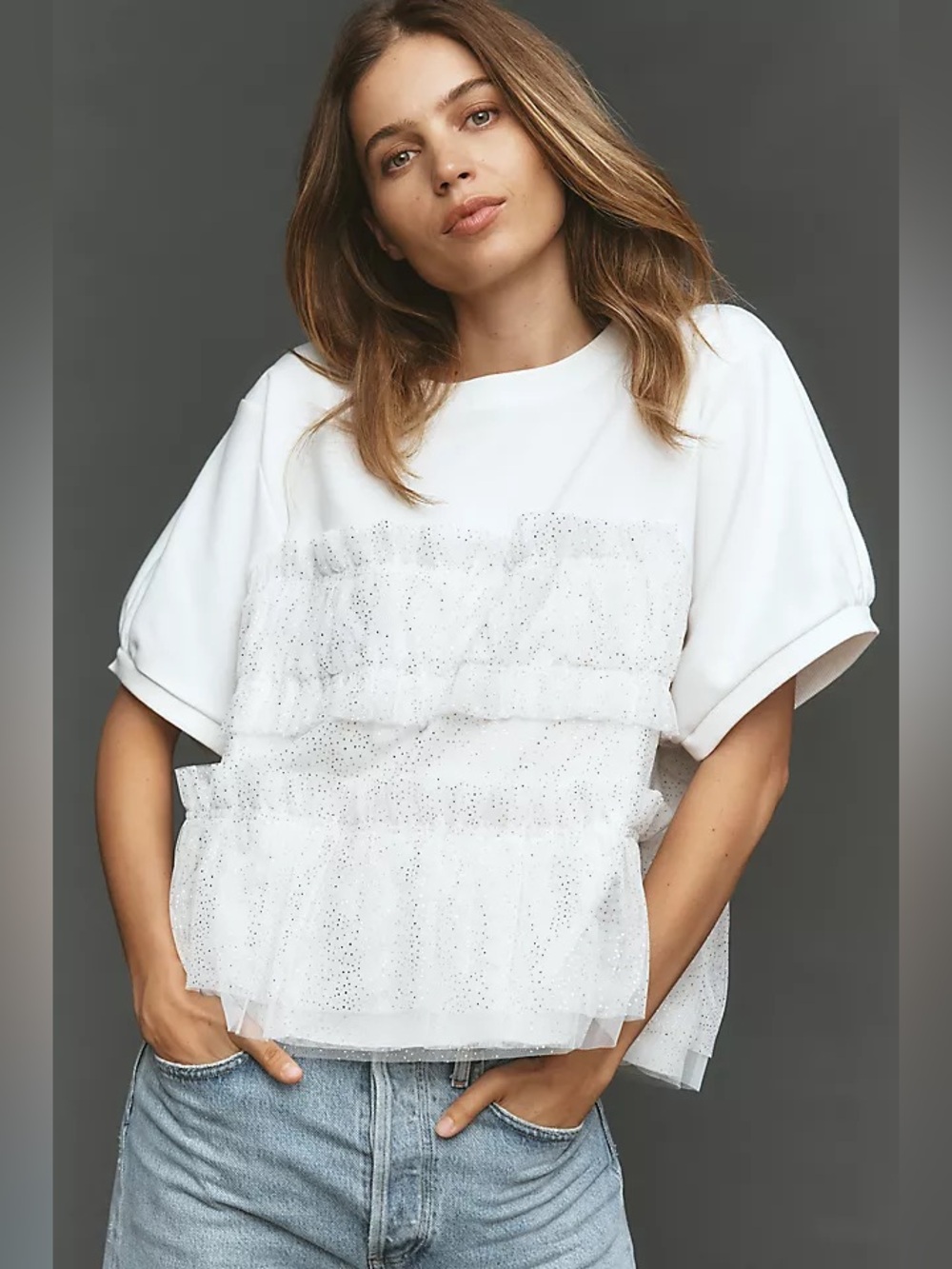 NWT Anthropologie Maeve Short-Sleeve Smocked Ruffled Sweatshirt Tulle Holidays M